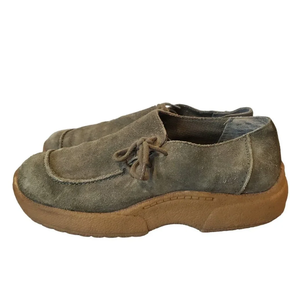 Vintage 90s Chunky Platform Shoes Slipon Suede Army Green Chukka Loafer Sz‎ 8.5